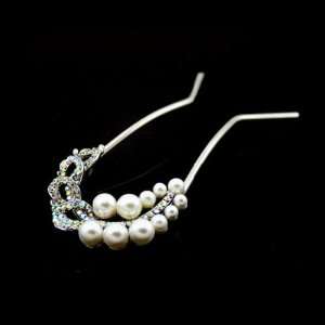   : Pearl and Rhinestone 2 Prong Bridal Hair Stick Fork Leaves: Beauty