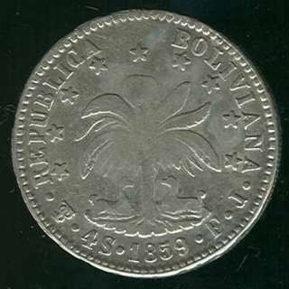 BOLIVIA POTOSI RARE BOLIVAR 4 SOLES 1859 ERROR COIN  