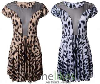 New Womens Dress Ladies Animal Leopard Print Cut Out Mesh Insert 
