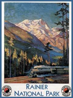 RAINIER NATIONAL PARK TRAIN USA TRAVEL TOURISM US VINTAGE POSTER REPRO 