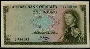 Malta 1 Pound Queen Elizabeth II, Bank Note1967 #p29a UNC @1017  