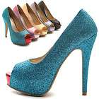 NEW Womens Pumps Stiletto Open Toe High Heels Platforms Glitter Multi 