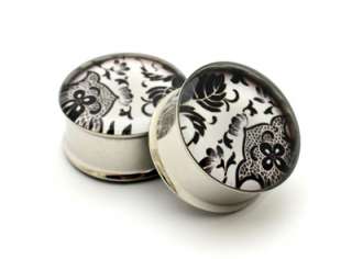 Pair Japanese Flower Picture Plugs gauges STYLE 12  