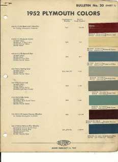 1952 PLYMOUTH Paint Sample COLOR CHIP CHART Brochure: DuPont  