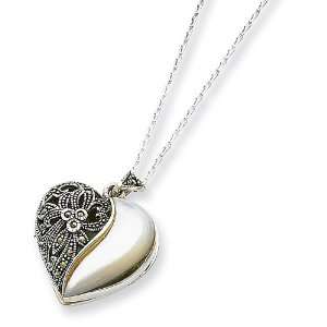 Sterling Silver Marcasite & Mother of Pearl Locket Necklace   24 Inch
