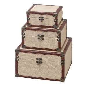  Set of Three Wood Burlap Decorative Storage Boxes