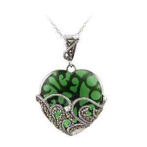    Sterling Silver Marcasite and Green Glass Heart Necklace: Jewelry