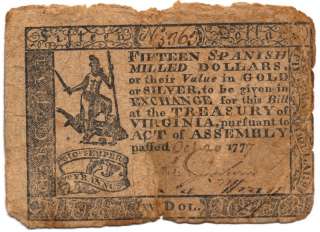   October 20, 1777 $15 Dollar Colonial Note signed Dickson & Wray  