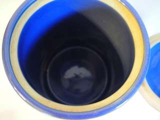 VINTAGE COOKIE JAR BLUE POTTERY EMBOSSED FRUIT MADE IN USA BISCUIT 
