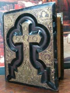 ANTIQUE HOLY CATHOLIC FAMILY BIBLE UNMARKED LEATHER COLOR PLATES DOUAY 