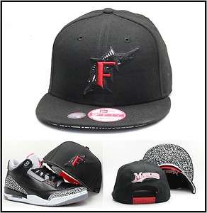   Florida Marlins Custom Snapback Hat Designed For Jordan 3 Black Cement