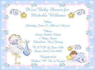 10 Beautiful Stork Personalized Baby Shower Invitations w/Envelopes