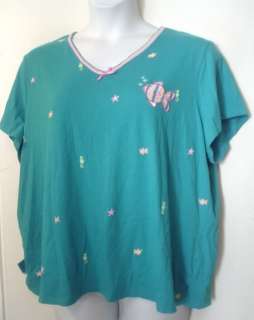   Sleepwear Turquoise Ribbed TShirt Top Cotton 3X Fish Seahorses  