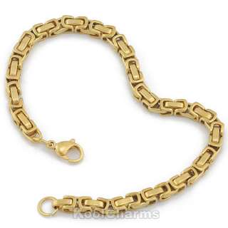 Mens 5mm Gold Tone Byzantine 316L Stainless Steel Necklace Bracelet 