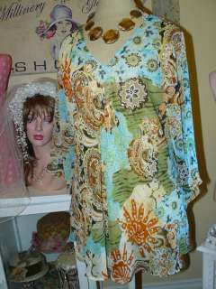 AUTUMN ARTISTRY Bejeweled FLUTTERY WISPY CHIC MOSAIC CHIFFON TUNIC TOP 