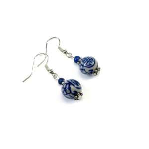  Blue and White Beaded Earrings with Asian Decor Accented 