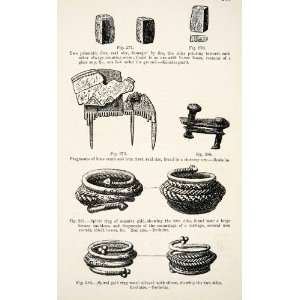 1889 Wood Engraving Dice Bone Comb Iron Rivet Spiral Gold Rings 