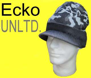 Black ECKO UNLTD Knit CAMO Visor WINTER Beanie CAP Hat  