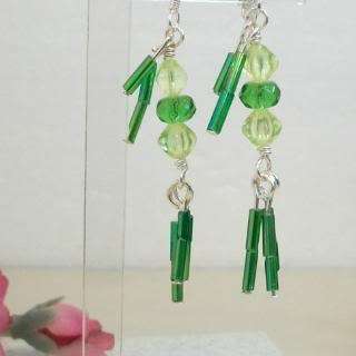 Handmade earrings green bugle dangles 2 tone choice clip on or pierced 