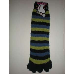  Fuzzy striped long toe socks (black, blue, green 