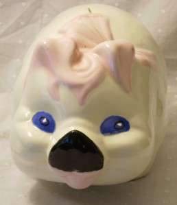 Old Glazed Ceramic Pottery Piggy Bank With Pink Bow  