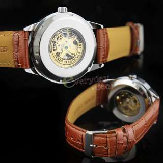 ELEGANT MENS WHITE AUTOMATIC MECHANICAL WATCH BROWN LEATHER NEW 