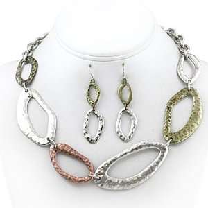 Tri Tone Hammered Link Necklace and Earrings Set Fashion Jewelry