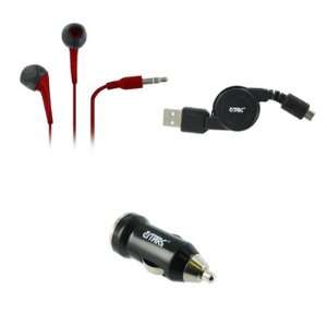 Stereo Earbud Headphones (Red) + USB Car Charger Adapter + Retractable 