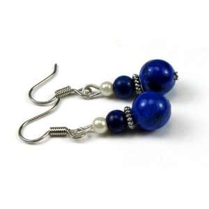   Blue Dye Howlite with Lapis Lazuli Gemstones Dangle Earrings: Jewelry