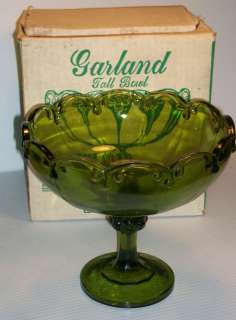   Indiana Glass Garland Tall Bowl In Original Box Olive Green No. 7158