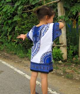 Childs Blue on White Bright African Dashiki Shirt sz M  