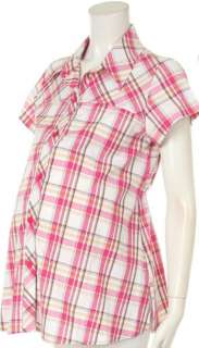 NEW PLAID short SLEEVE button down MATERNITY DRESS SHIRT pink top 