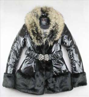   Womens Raccon Fur Neck Shiny Belt Buckle Coat Black 906 S/M/L/XL/XXL