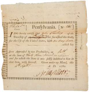 Revolutionary War Horse Purchase Bond, PA, 1780  
