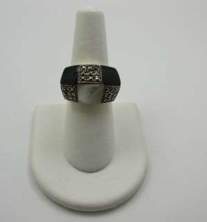 Sterling Silver Marcasite Mother of Pearl Onyx Ring  