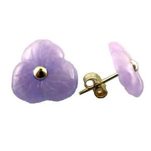  Lavender Jade Three Petal Flower Earrings, 14k Gold 