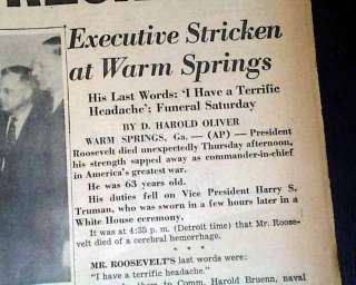   Roosevelt FDR DEATH 1st Report Warm Springs GA 1945 WWII Newspaper