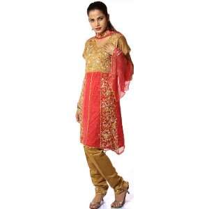  Old Gold and Ruby Anarkali Suit with Beaded Flowers and 