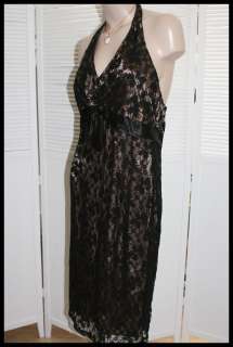 style halter dress, black lace over tan satin lining, empire waistline 