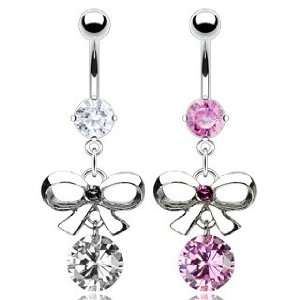316L Surgical Steel Prong Set Belly Ring with Bow Tie and Clear Cubic 