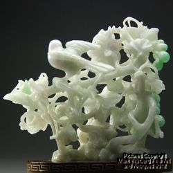 Fine Chinese Natural Jadeite Jade Carving, Grape Vine and Bird Design