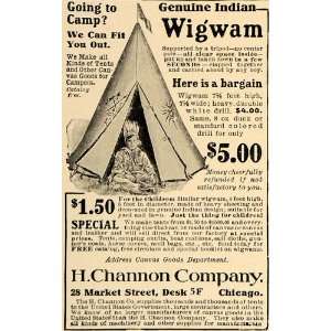   Ad H Channon Genuine Indian Wigwam Camping Tents   Original Print Ad