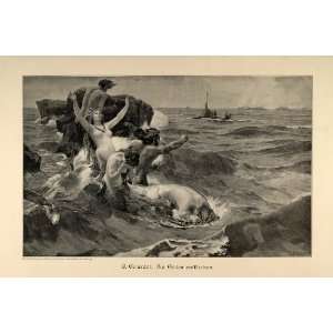   Merman Sea Myth Girardot Engraving   Original Print