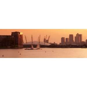 , London, Royal Victoria Dock, Canary Wharf Skyline and O2 Arena 