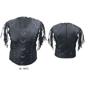  Ladies Leather Halter Top W/Chains Fringes And Stud Trim 
