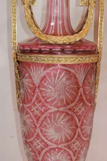 Pair French XL Amphora Glass Urns Vases Ormolu  