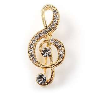  Small Gold Tone Crystal Music Treble Clef Brooch: Jewelry