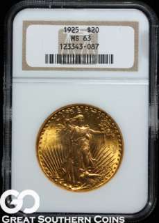 1925 NGC $20 GOLD St Gaudens Double Eagle NGC MS 63 ** BEAUTIFUL 
