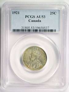 1921 Canada Twenty Five Cent Coin PCGS AU 53 RARE DATE !!  