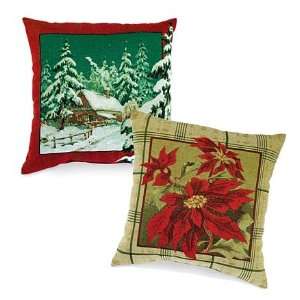  Cabin and Poinsettia Tapestry Pillows, Set of 2